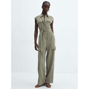 Mango Daily Pocket Cargo Sleeveless Jumpsuit Khaki - XS